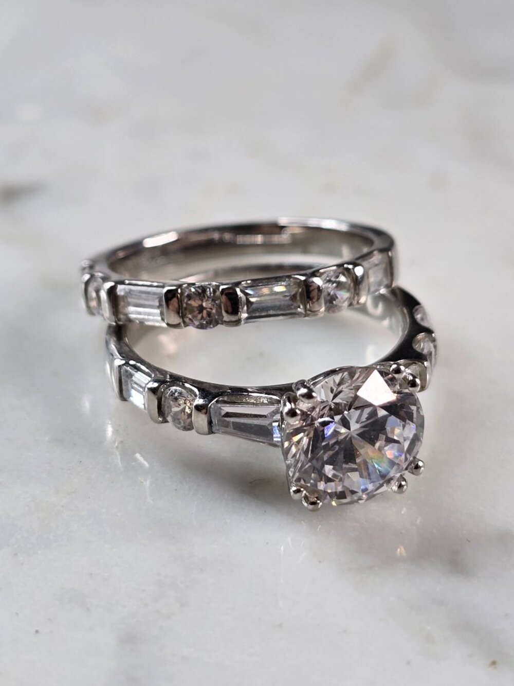 Womens Vintage Estate Sterling Silver Modernist CZ Ring Set 6.8g E3245